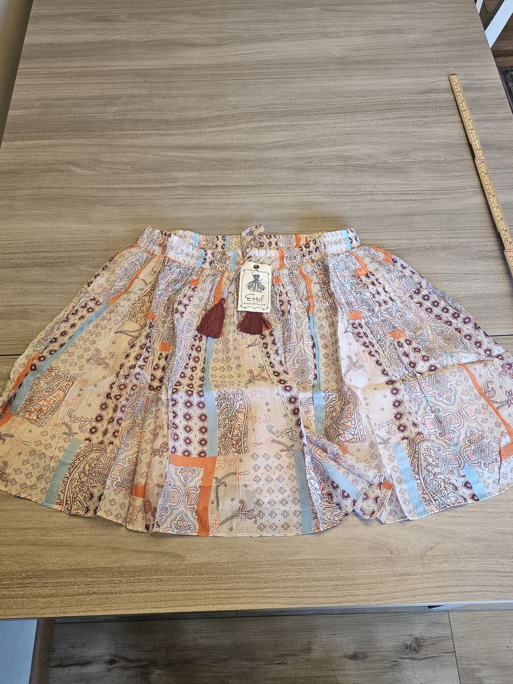Easel Boho Printed Circle Skort in orange, blue, and cream Small